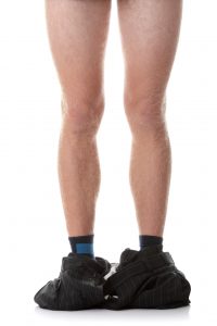 A pay of legs with pants around the ankles